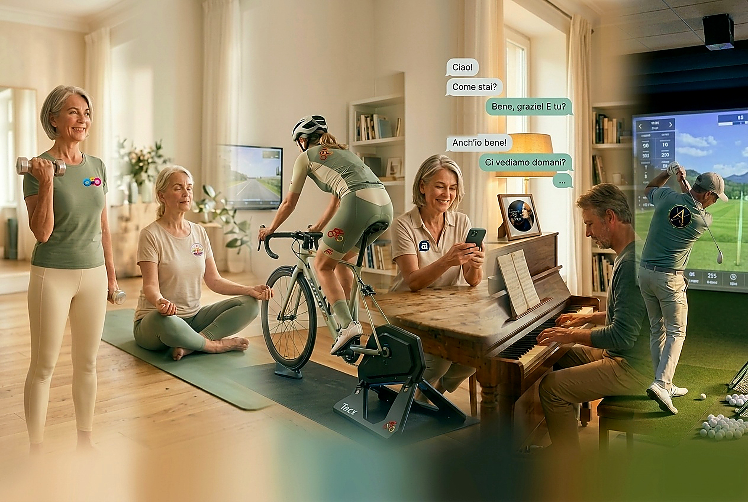 A warm, blended scene of Harmony Wellness Group's brands — gentle fitness, calm, indoor cycling, language, music and golf