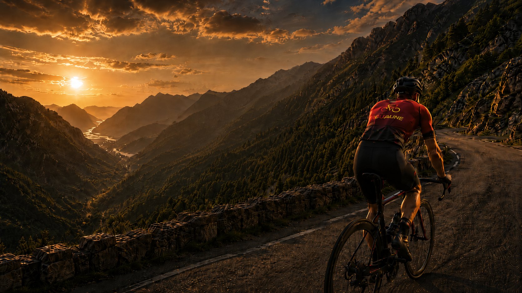 Cyclist in a Roujaune jersey climbing a mountain pass at sunset